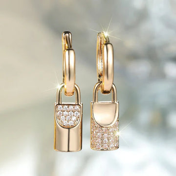 Champagne Gold Round White Diamond Lock Eardrops